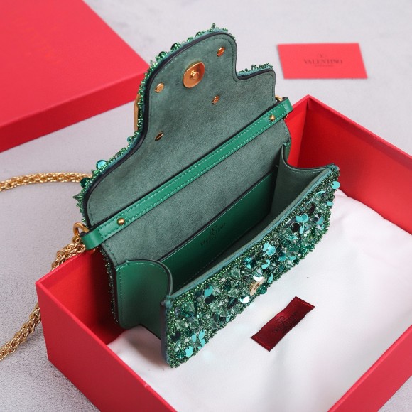 Valentino Small Loco Shoulder Bag with Green 3D-effect Embroidery