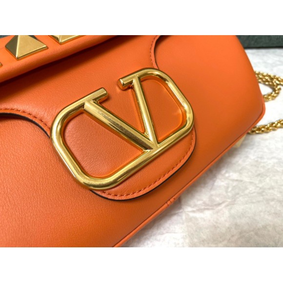 Valentino Stud Sign Shoulder Bag In Orange Nappa Leather