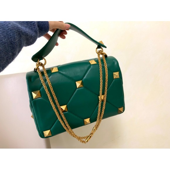 Valentino Roman Stud Large Chain Bag In Green Nappa Leather