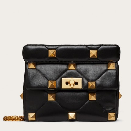 Valentino Roman Stud Medium Chain Bag In Black Nappa Leather