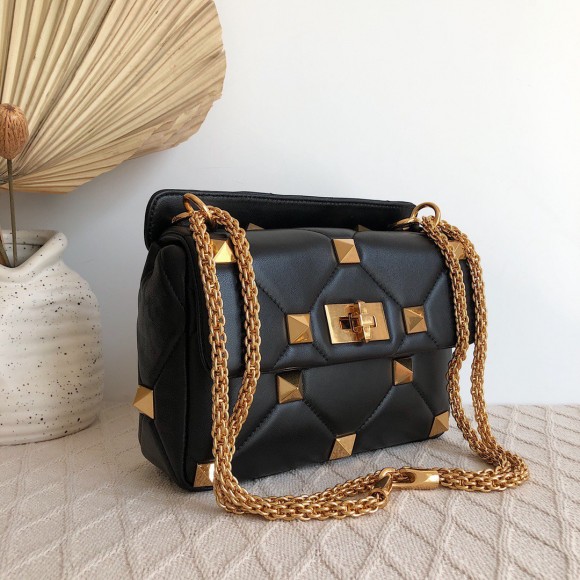 Valentino Roman Stud Medium Chain Bag In Black Nappa Leather