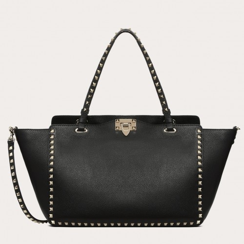 Valentino Rockstud Medium Tote In Black Grained Leather Valentino Rockstud Medium Tote In Black Grained Leather