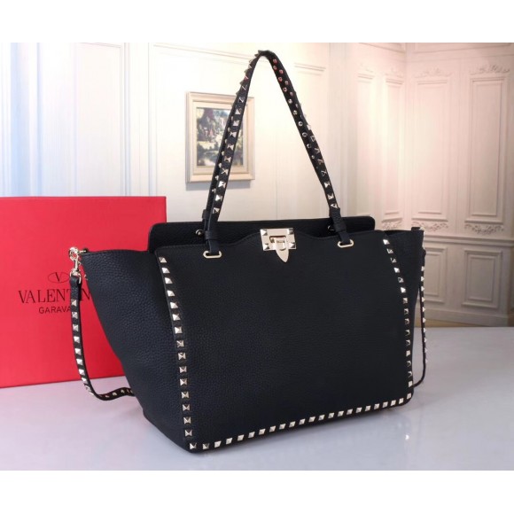 Valentino Rockstud Medium Tote In Black Grained Leather