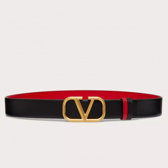 Valentino VLogo Reversible Belt 30mm in Black and Red Calfskin