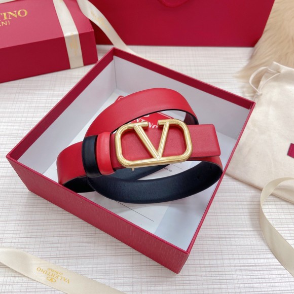 Valentino VLogo Reversible Belt 30mm in Black and Red Calfskin