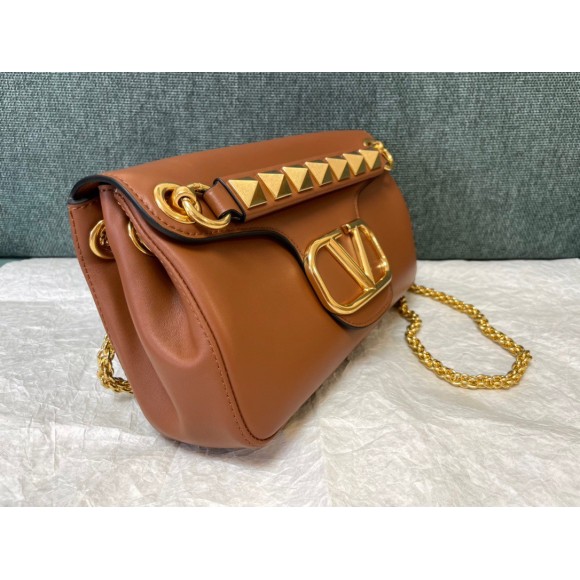 Valentino Stud Sign Shoulder Bag In Brown Nappa Leather