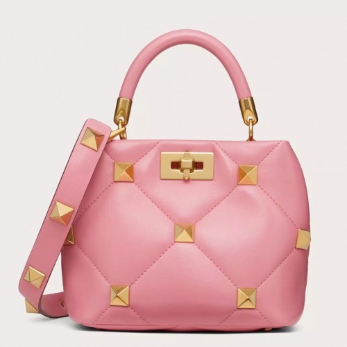 Valentino Roman Stud Small Handle Bag In Pink Nappa Leather Valentino Roman Stud Small Handle Bag In Pink Nappa Leather