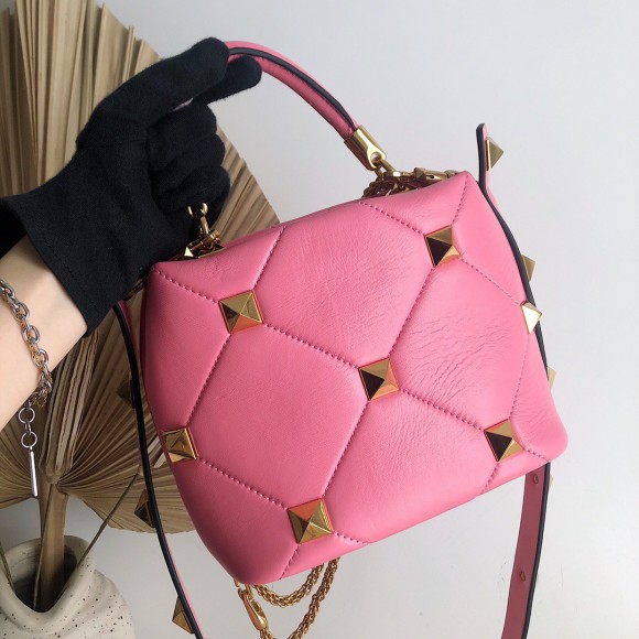 Valentino Roman Stud Small Handle Bag In Pink Nappa Leather