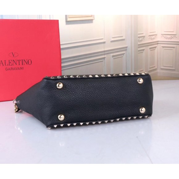 Valentino Rockstud Small Tote In Black Grained Calfskin