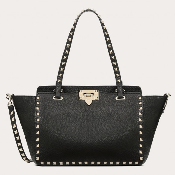 Valentino Rockstud Small Tote In Black Grained Calfskin