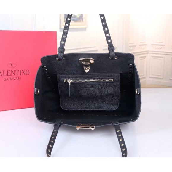 Valentino Rockstud Small Tote In Black Grained Calfskin