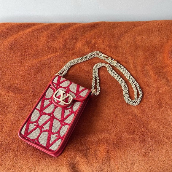 Valentino Loco Phone Case in Red Toile Iconographe with Chain